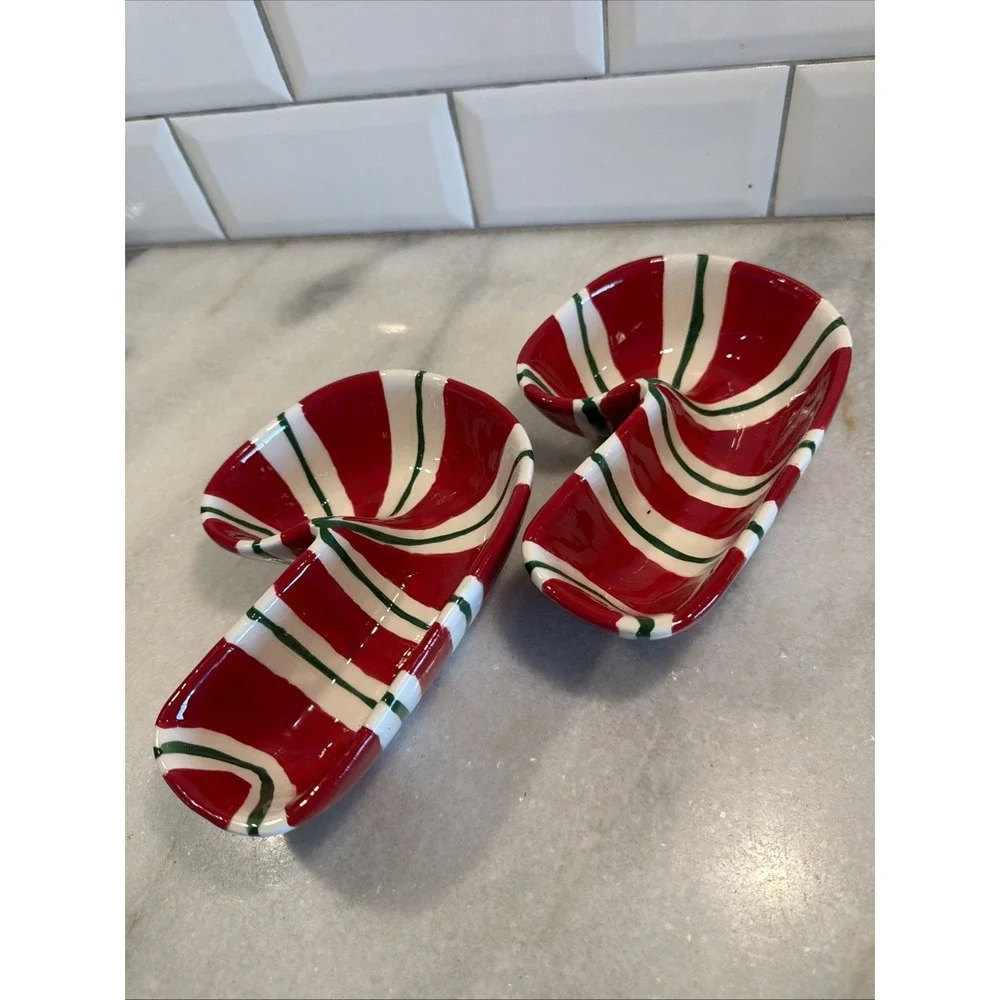 Set Of 2 Pier‎ 1 Imports Christmas Candy Cane Ceramic Dip/ Serving Bowls OLA001